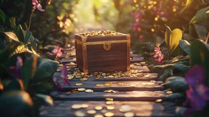 Sunlit Treasure Chest in a Magical Garden