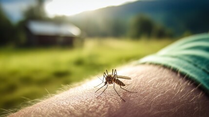 Close-up view of a mosquito resting on a human arm in an outdoor environment. Macro concept of insect-human interaction, skin contact, pest awareness, bite risk, disease transmission, nature behavior