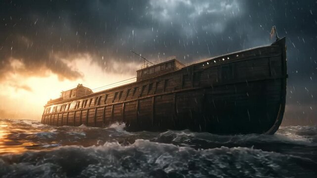 noah ark facing left in stormy sea at sunrise