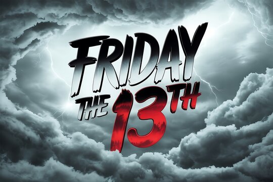 Friday the 13th title card with stormy clouds and lightning in the background design