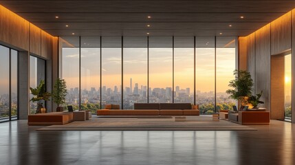 Modern Elegant Interior with City Skyline at Sunset View