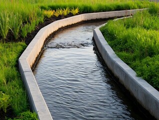 Serpentine Waterway Concrete Canal Modern Landscape Design Green Grass