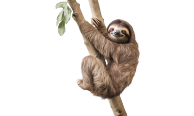 Sloth hanging from a tree isolated on transparent white background