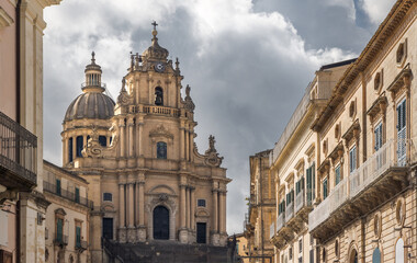 Majestic Duomo Di San Giorgio in Ragusa Soars Against a Cloudy Sicilian Sky, Italy