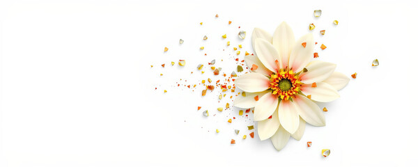 Elegant white flower with soft petals disintegrating into small colorful fragments on white