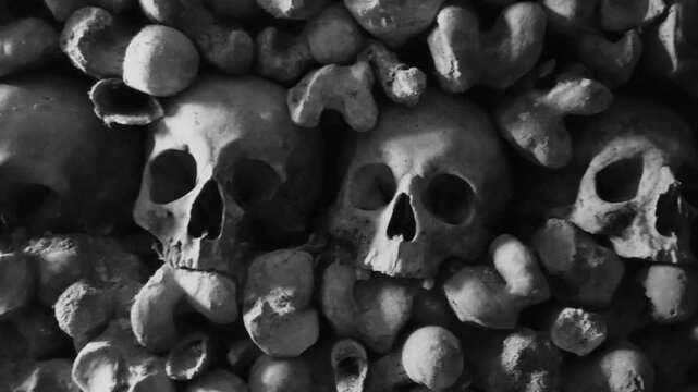 Vintage film-stylised black and white Video of many Human Skulls and Bones arranged in rows in Catacombs.