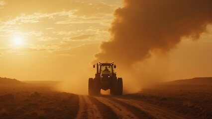 Fototapeta premium tractor driving dirt road middle desert tractor center sun setting background sky orange yellow large plume smoke rising right side road smoke billowing into sky creating hazy effect road empty