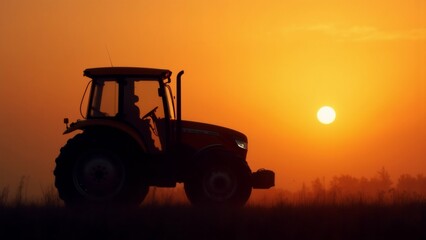 Fototapeta premium tractor field during sunrise sunset tractor center sun partially visible background sky beautiful orange color few wispy clouds scattered across sun partially hidden behind tractor casting warm glow