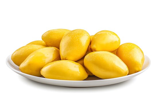Fresh ambarella fruits are neatly arranged on a white ceramic plate, ready to eat