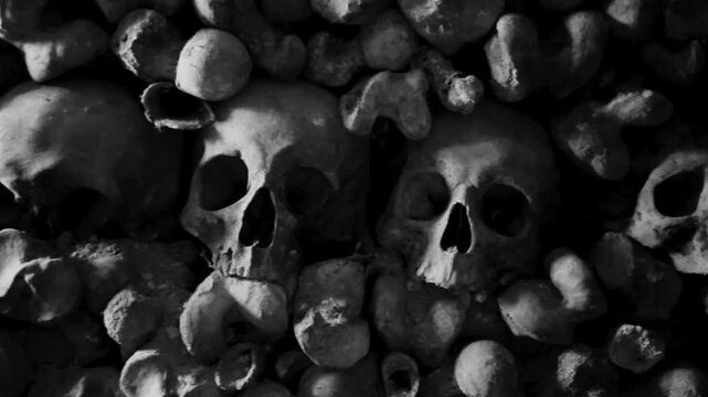 Vintage film-stylised black and white Video of many Human Skulls and Bones arranged in rows in Catacombs.