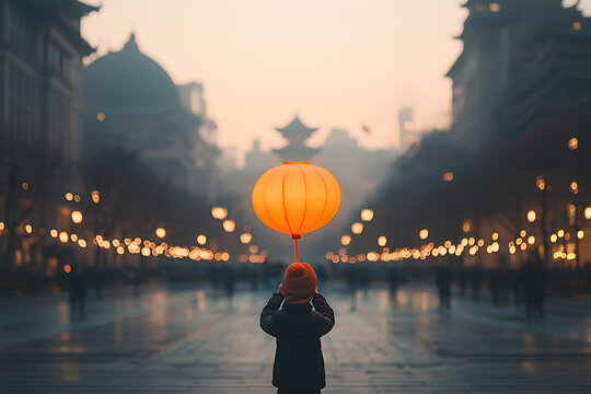 Child holds lantern with city dawn.