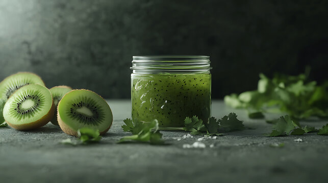Green Kiwi Jam in Jar - A jar of vibrant kiwi jam stands out with fresh kiwi halves and cilantro leaves against a dark backdrop, suggesting natural sweetness.