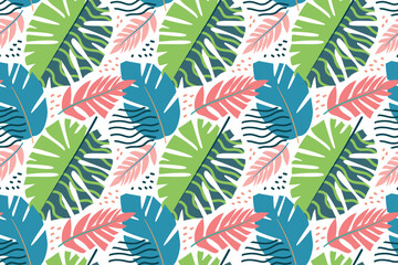 A vivid pattern with terxtured tropical leaves on two backgrounds, white and transporant. Pink, blue, dark green pastel colors. For textiles, flyers, postcards, wrapping
