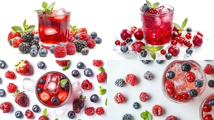Berry drinks in a collage red beverages with fresh fruit, ice, and mint garnishes