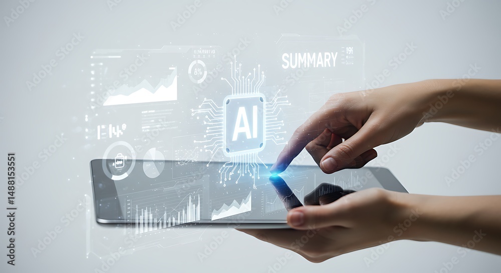 Poster person interacting with ai interface on tablet exploring data analysis and technology
