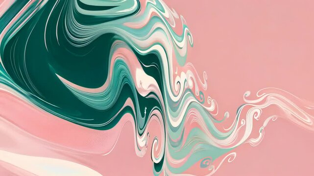 Abstract swirls of pastel colors on a pink background.  Fluid, flowing, and dynamic patterns of white, mint green, dark green, and blush pink blend together in a painterly style