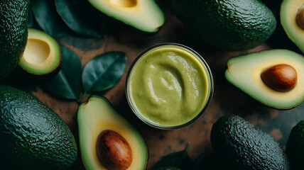 A glass of avocado juice surrounded by avocados, top view