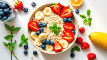 Vibrant flat lay of nutritious breakfast on crisp white table with empty center space, steel-cut oats in ceramic bowl topped with banana slices, strawberries, blueberries, fresh mint, bathed in gentle