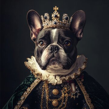 Portrait of a stylish French Bulldog dressed as royalty.