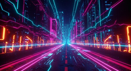 Obraz premium Neon Cityscape with Futuristic Glowing Lines and Urban Architecture View
