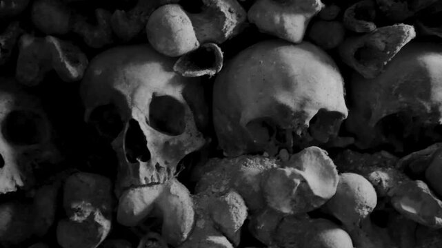 Vintage film-stylised black and white Video of many Human Skulls and Bones arranged in rows in Catacombs.