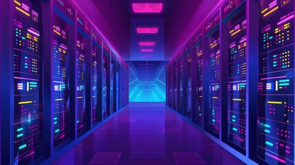 Fototapeta premium Colorful server room illuminated by vibrant lights creating an energetic and modern atmosphere for data processing and management