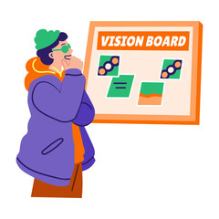 A flat style illustration showing a person looking at vision board