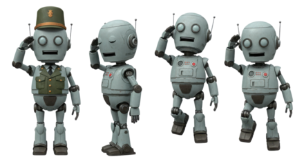 Cute cartoon robot soldier saluting in different poses isolated on white