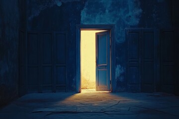 Multiple closed blue doors with one door open revealing bright light, symbolizing opportunity and choices in a surreal abstract background concept.
