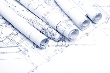 Engineering plans and blueprints spread out on a design table showcasing intricate layout details