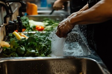 A person washing fresh vegetables in a stainless steel sink under running water in a kitchen area