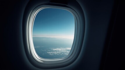 Aerial View Through Airplane Window Capturing Blue Sky and White Clouds in Horizon