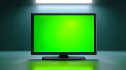 Fototapeta premium Flat Screen Television Displaying Bright Green Screen Against Dark Background with Ambient Lighting