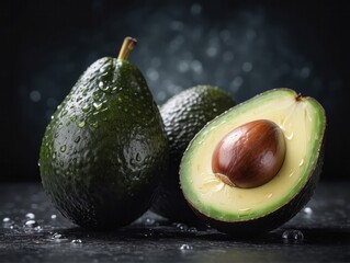 close-up image of a beautiful avocados fruit with water droplets