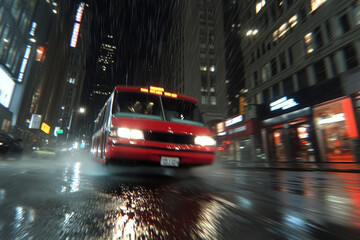 Fototapeta premium Heavy rain and tram chaos in urban street at night with bright lights reflecting on wet pavement