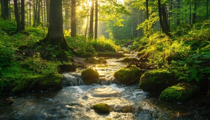 Obraz premium A tranquil forest creek illuminated by warm sunlight.