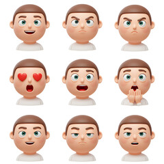 Cartoon boy faces various expressions set digital illustrations