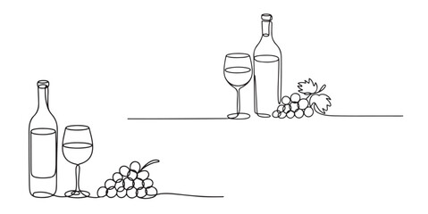 Wine Glass Cheese Grapes Continuous Line Art Illustration, Wine Bottle and Glasses with Grapes and Cheese One Line Art,