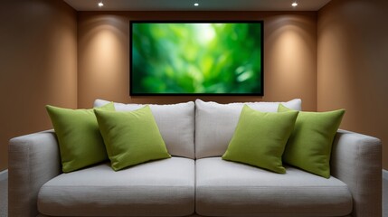 Modern Living Room with Projector Screen Displaying Green Foliage Above a Cozy Sofa with Decorative Pillows