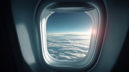 Fototapeta premium Aerial View from Airplane Window Showing Expansive Blue Sky and Soft White Clouds Below