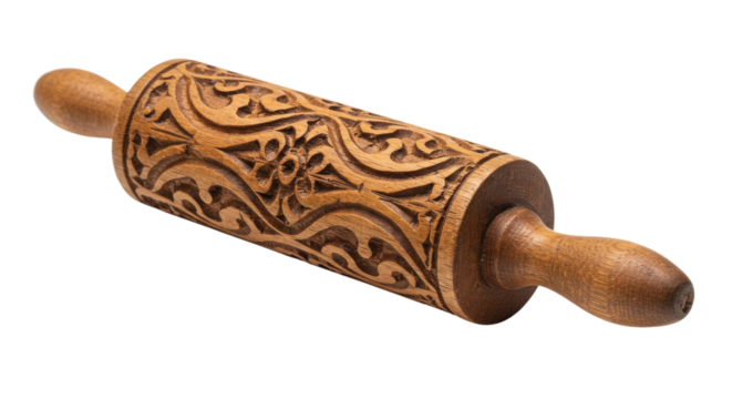 Wooden rolling pin with engraved pattern isolated PNG with Transparent Background - Powered by Adobe