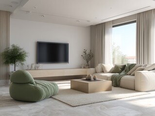 Modern living room with minimalist furniture and bright sunlight