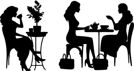 Vintage Silhouettes of Elegant Women Enjoying Tea and Coffee at Café Tables