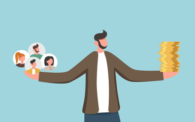 Reorganization or distribution of resources for income and salary growth, distribution of labor force for financial and economic stability, man holding employee icons and stack of coins.