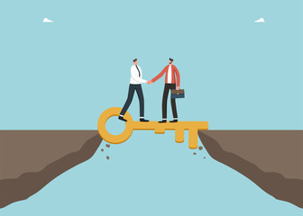 Cooperation to solve key tasks, teamwork to find the right strategy and business prosperity, secret key to achieving goals and overcoming obstacles, men shaking hands on a key lying on a cliff.