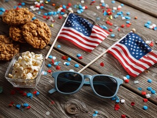 Cheerful outdoor picnic with American flags, popcorn, and cookies