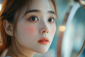 Close up portrait of a young woman with fair skin and makeup looking at the camera intently