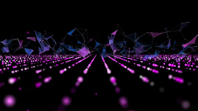 Futuristic background grid quantum computing from dots in rows with poligons broken data.  Big data. Digital technology concept research lost bytes in ciberspace.