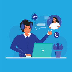 Customer service. Man operator call center with headphones and microphone with laptop