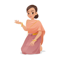 Illustration of a woman in Thai dress, gracefully presenting with her hand.